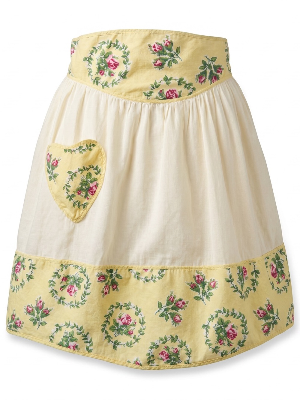 Vintage Half Apron 50's Yellow Pink Floral Heart Cotton Apron Cottagecore